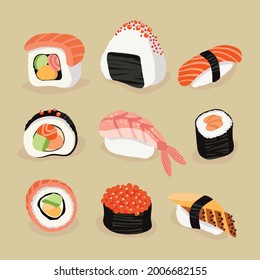 vector collection of sushi bar, rolls, sushi and nigiri. Japanese restaurant national food.