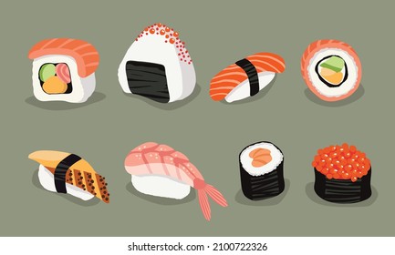 vector collection of sushi bar, rolls, sushi and nigiri. Japanese restaurant national food.