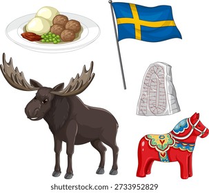 Vector colección de íconos suecos incluyendo albóndigas, bandera nacional, alce, piedra rúnica, y caballo Dala