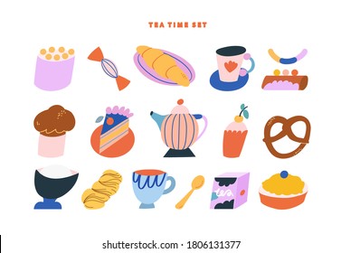 Vector collection of sweet food. Desserts for tea party. Decorative elements. Pastry, cakes, teapot, cups.