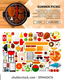  Vector collection of symbols for a picnic. Set object of  picnic: fruits, pizza, hotdog, wine, grill, napkins, camera.