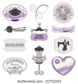 Vector collection of symbols, tools and accessories for needlework and sewing studio