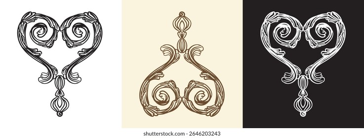 Vector collection of symmetrical swirl decorative design elements in three colors. Vintage damask, baroque wedding ornaments. Engraving retro pattern. Illustration for decoration, cards, invitation