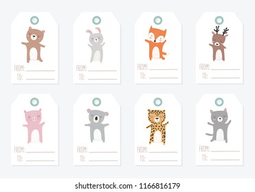 Vector collection of tags with animals. Valentine’s day, anniversary, baby shower, birthday, children's party, autumn holidays