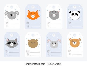 Vector collection of tags with cute animals in pastel colors. Valentine's day, anniversary, save the date, baby shower, bridal, birthday. Cat; rabbit; koala; raccoon, panda, fox, bear, dog
