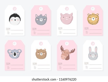 Vector collection of tags with cute animals in pastel colors. Valentine's day, anniversary, save the date, baby shower, bridal, birthday, children party