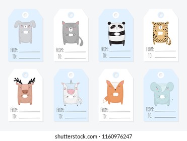 Vector collection of tags with cute animals in pastel colors. Valentine's day, anniversary, save the date, baby shower, bridal, birthday, children party