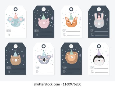 Vector collection of tags with cute animals in pastel colors. Valentine's day, anniversary, save the date, baby shower, bridal, birthday, children party