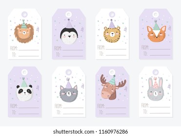 Vector collection of tags with cute animals in pastel colors. Valentine's day, anniversary, save the date, baby shower, bridal, birthday, children party