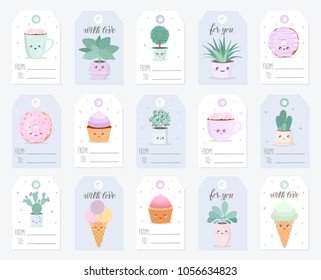 Vector collection of tags with cute objects in pastel colors. Perfect for Valentine's day, anniversary, save the date, baby shower, bridal, birthday. Houseplant, donut, mug, icecream, cupcake

