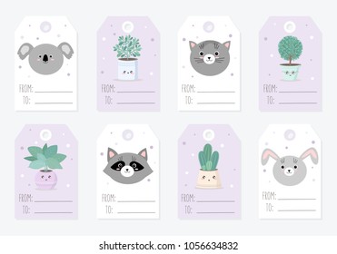 Vector collection of tags with cute objects in pastel colors. Valentine's day, anniversary, save the date, baby shower, bridal, birthday. Cat, rabbit, koala , raccoon, houseplant
