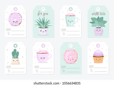 Vector collection of tags with cute objects in pastel colors. Perfect for Valentine's day, anniversary, save the date, baby shower, bridal, birthday. Houseplant, icecream, donut, mug

