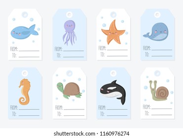 Vector collection of tags with cute sea animals in pastel colors. Valentine's day, anniversary, save the date, baby shower, bridal, birthday, children party