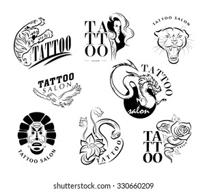 Vector collection of tattoo symbols. Tattoo salon logo template. Print and tattoo design. 