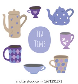 Vector collection of tea cups and teapots on a white background. Tea time.