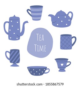 Vector collection of tea cups and teapots on a white background. Tea time.