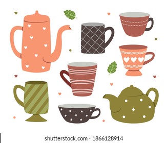 Vector collection of tea cups and teapots isolated on a white background. Tea time. - Shutterstock ID 1866128914