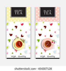 Vector collection of tea packages. Cute colored background or labels, stickers, paper packet design for black and oolong tea. Yellow and pink cups of tea, sweet hearts. Tender series 1 from 3