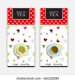 Vector collection of tea packages. Cute colored background or labels, stickers, paper packet design for white and green tea. Blue and green cups of tea, sweet hearts. Polka dot series 2 from 3