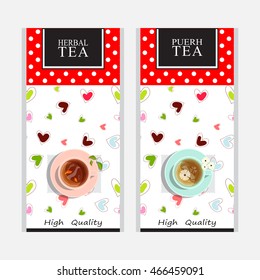 Vector collection of tea packages. Cute colored background or labels, stickers, paper pocket design for herbal and puerh tea. Blue and pink cups of tea, sweet hearts. Polka dot series 3 from 3