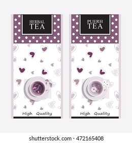 Vector collection of tea packages. Herbal colored background or labels, stickers, paper packet design for herbal and puerh tea. cups of tea, sweet hearts. Lilac series 3 from 3