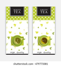 Vector collection of tea packages. Herbal colored background or labels, stickers, paper packet design for white and green tea. Blue and green cups of tea, sweet hearts. Green series 2 from 3