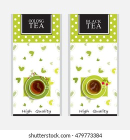 Vector collection of tea packages. Herbal colored background or labels, stickers, paper packet design for black and oolong tea. Yellow and pink cups of tea, sweet hearts. Green series 1 from 3