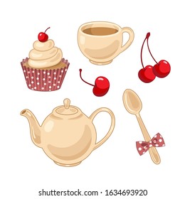 Vector collection with tea pot and cupcake