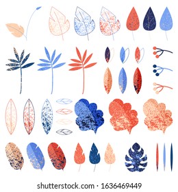 Vector collection with textured leaves and greenery elements good for decoration and modern concept scenes. Outline and flat lush foliage