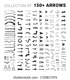 Vector collection of texturing arrows. Big set of grunge pointers, signs, cursors, navigations and interface elements in doodle style. 