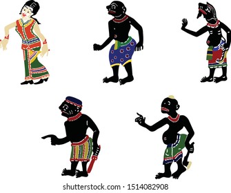 Vector collection of Thai shadow puppet characters, contain of 5 different characters, women, man on white background, Shadow Puppet show is a famous Southern Thailand traditional show