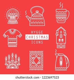 Vector collection of thin line Christmas icons. Candlestick, teapot, snow globe, sweater, plaid, knitted mug, house. 