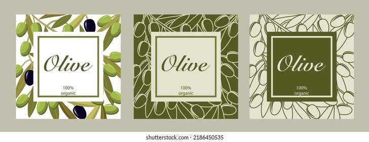 Colección vectorial de tres cartas con aceitunas negras y verdes. Diseño de aceite de oliva, embalajes de aceitunas, cosméticos naturales, productos sanitarios