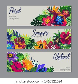 Vector collection of three cards with tropical plants and flower bouquets and hand painted texture. Beautiful artistic abstract floral illustration. Summer floral compositions