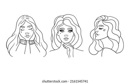 Vector Collection of three Cute hand drawn Girls. Beautiful Women's Faces in a minimalistic Outline style for tattoos, prints, stickers, textiles.
