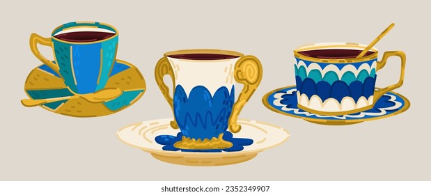 Vector collection of three different cups with coffee. White cups with blue and golden decor. Isolated on light beige background.