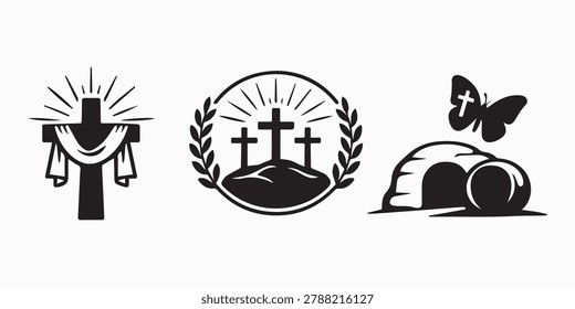 Vector collection of three black‑and‑white religious icons featuring cross with cloth and rays, crucifixion scene with three crosses on a hill, and empty tomb with butterfly symbolizing resurrection and new life. Perfect for illustrating Easter, faith, spirituality, and Christian themes in church graphics, educational materials, and inspirational designs.