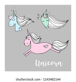 Vector collection of three unicorns on a gray background