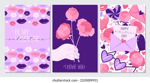 Vector collection of three Valentine's Day cards with lettering calligraphy text sign. Pink and purple flat designs with various romantic elements such as hearts, lips, flowers, love letters.