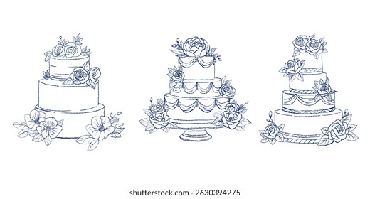 Vector collection of three wedding cakes decorated with roses, peonies and wildflowers. Hand-drawn in blue outline style, perfect for invitations, branding, packaging and event design.