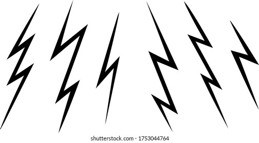 Vector Collection thunder and bolt lighting flash image. Electric power thunderbolt, lightning bolt icon, dangerous sign. Black lines isolated on a white background.