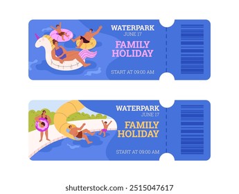 A vector collection of tickets with scenes in a water park with people enjoying water slides, inflatable circles and a swimming pool, ideal for outdoor leisure.