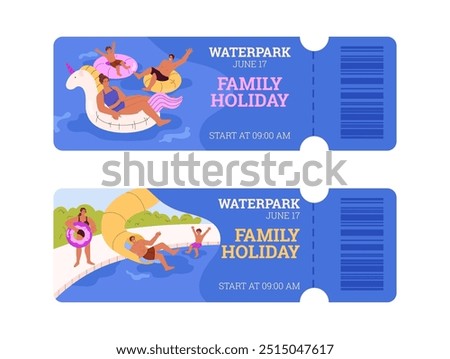 A vector collection of tickets with scenes in a water park with people enjoying water slides, inflatable circles and a swimming pool, ideal for outdoor leisure.
