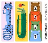 Vector collection with tiger, funny crocodile and different emotions bears. Trendy concept print set with animals