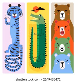 Vector collection with tiger, funny crocodile and different emotions bears. Trendy concept print set with animals