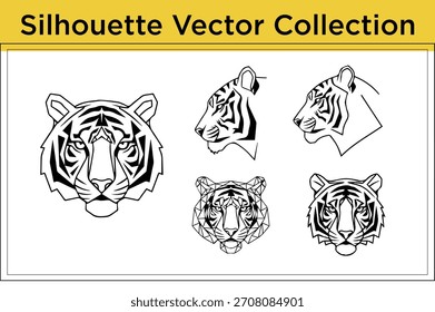 Vector collection of tiger head silhouettes in various styles, including geometric and stylized designs, for creative projects.