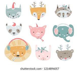 Vector collection with tiny animal faces in winter costumes. Emoji. Cat, fox, raccon, panda, pig, elephant, lion, rabbit and bear Cartoon style