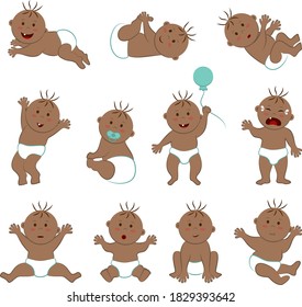 Vector collection of toddlers with light brown skin, brown eyes and hair. Eleven poses and moods of a naked baby boy in diapers