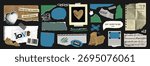 Vector collection of torn paper pieces, grunge textures, retro stickers, notebook scraps, old music sheets, photo frames, barcodes, and cardboard cutouts for scrapbook and collage design.