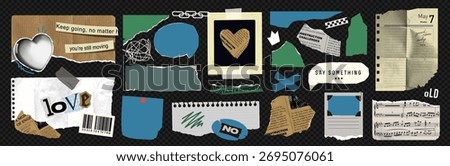 Vector collection of torn paper pieces, grunge textures, retro stickers, notebook scraps, old music sheets, photo frames, barcodes, and cardboard cutouts for scrapbook and collage design.